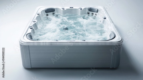 A rectangular hot tub with an elegant design, placed against a clean white background. The tub is filled with sparkling water, vigorous jets, and frothy bubbles in constant motion.