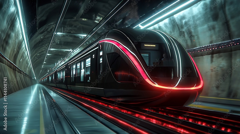 Futuristic sleek high speed train racing through a glowing LED lit underground tunnel creating a dynamic and immersive scene of advanced transportation technology