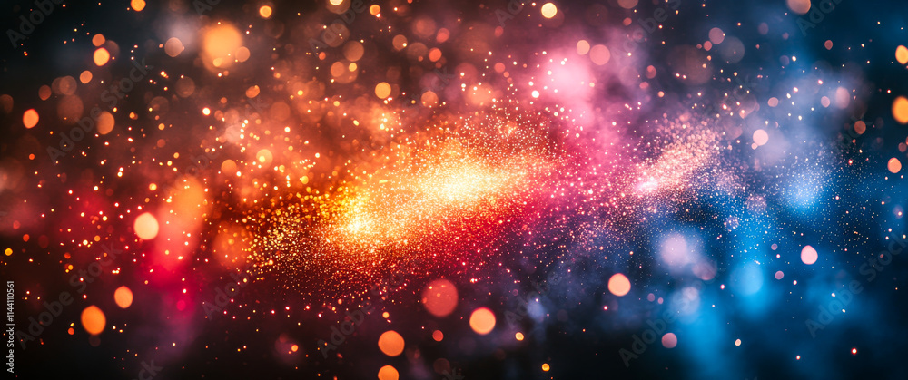 Obraz premium Cosmic swirl of bright particles. Vivid cosmic background with colorful particles and luminous effects in a swirling galaxy