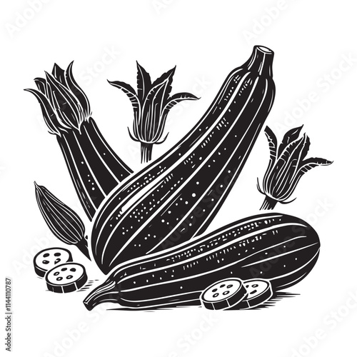 Zucchini Greens Silhouette Vector Illustration, Solid White Background.