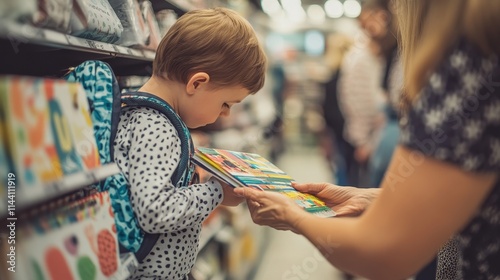 A child picking out their first school supplies with their parents in a store, carefully choosing a backpack and notebooks with colorful designs. 