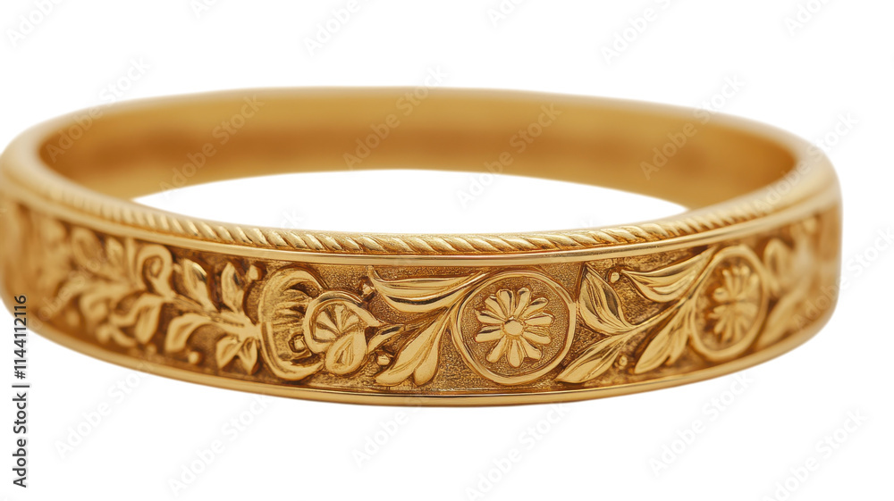A Delicate Gold Bangle Featuring Intricate Engravings Perfect for Elegant Occasions and Accessories. A Delicate Gold Bangle Featuring Intricate Engravings Perfect for Elegant Occasions and Accessories.
