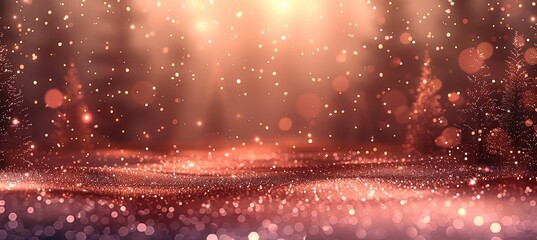 Rose gold background with sparkling rose gold glitter dust at the bottom, warm golden-pink bokeh light reflections, elegant and modern festive style.