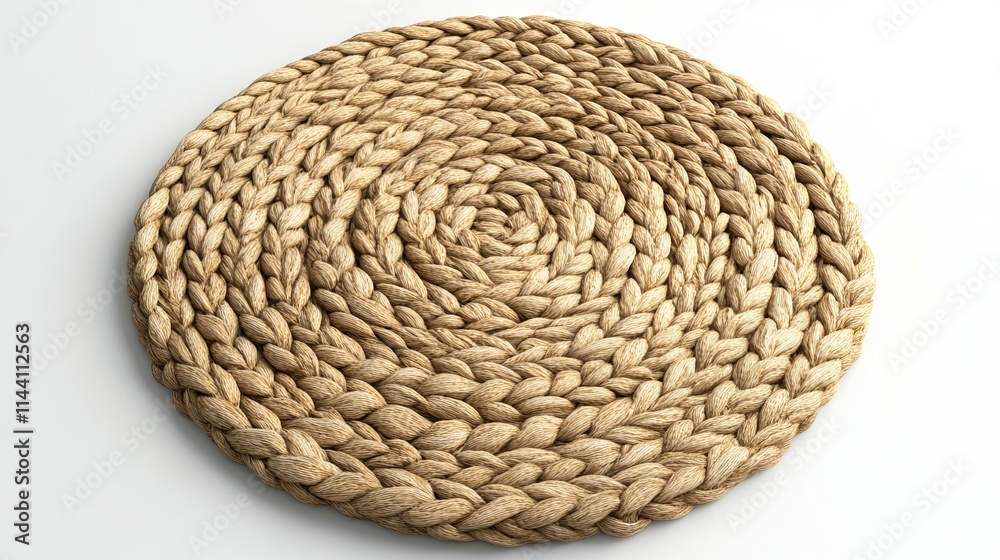 Natural braided round beige jute carpet on white background. Natural braided round beige jute carpet on white background.