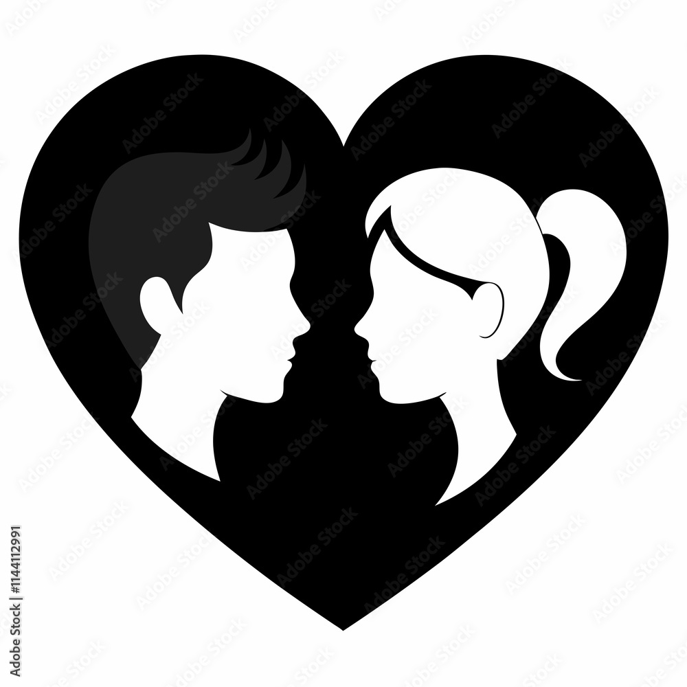 Elegant Black Heart with Couple's Profiles for Romantic Design