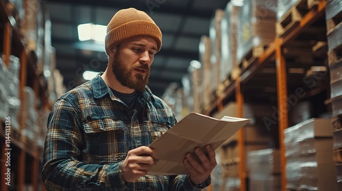 Warehouse packer working a side gig learning about EITC credits from a community guide Stock Photo with side copy space photo