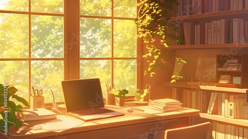 A peaceful workspace illustrated in anime style, featuring a desk with books and a laptop, bathed in soft sunlight.