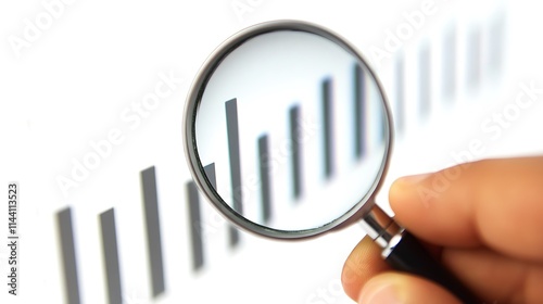 Close up of hand holding a magnifying glass zooming in on a specific point on a bar graph photo