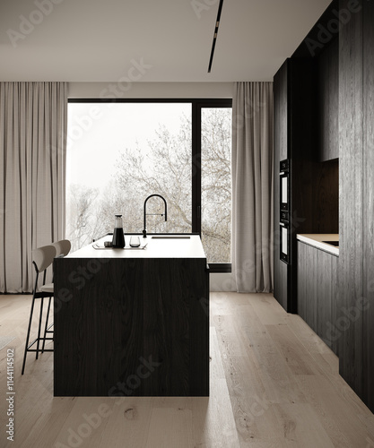 Bild auf Leinwand Minimalist kitchen-living room design made of black wood, marble countertop, bei