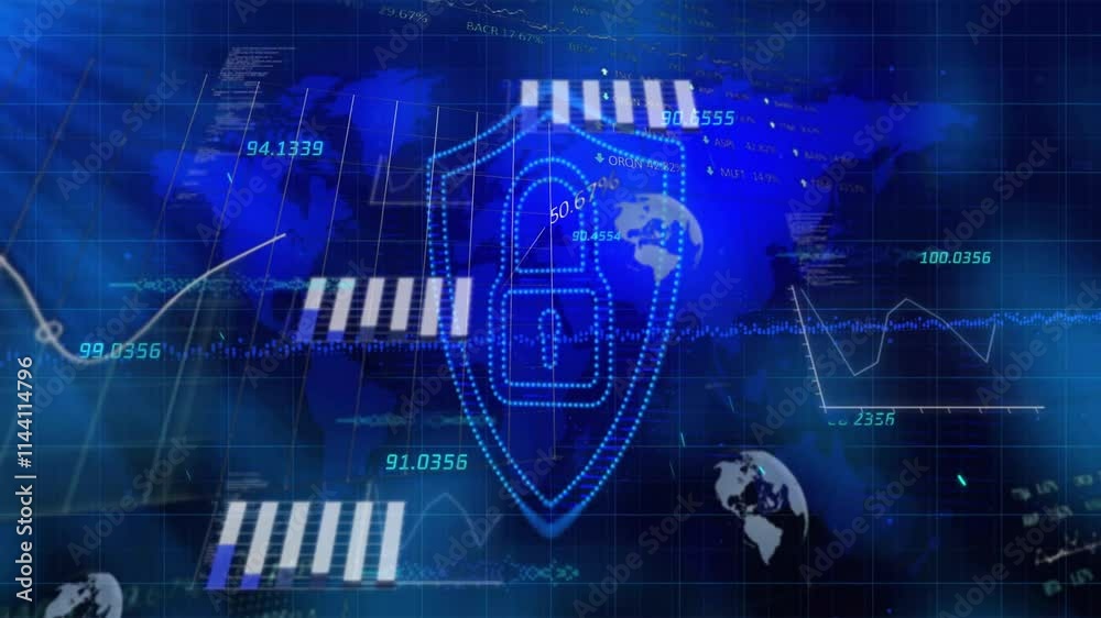 Animation of data processing with globes over shield and padlock icon and world map Animation of data processing with globes over shield and padlock icon and world map