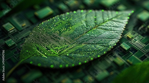 Leaf vibrant green veins circuit board patterns symbolizing intersection nature technology representing eco-friendly innovation sustainable tech development greener future