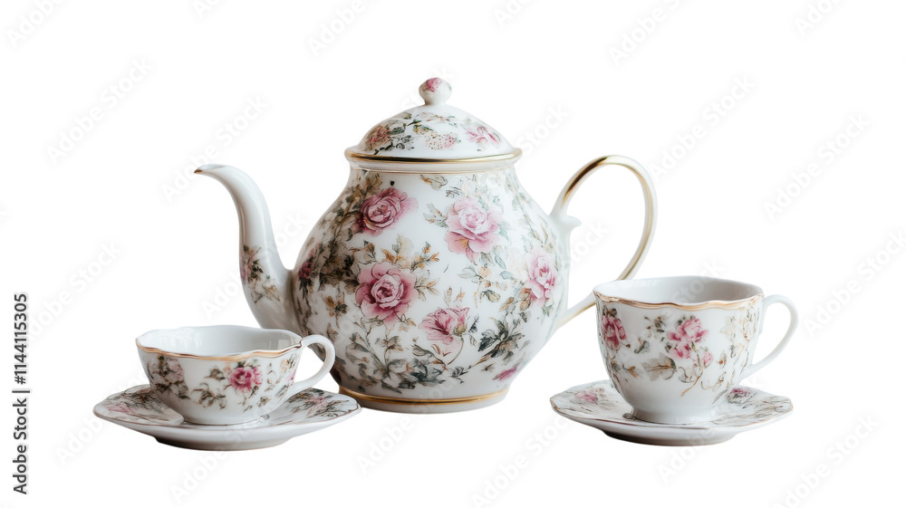 Exquisite Delicate Porcelain Tea Set on a Pristine White Background Perfect for Elegant Tea Parties and Home Decor. Exquisite Delicate Porcelain Tea Set on a Pristine White Background Perfect for Elegant Tea Parties and Home Decor.