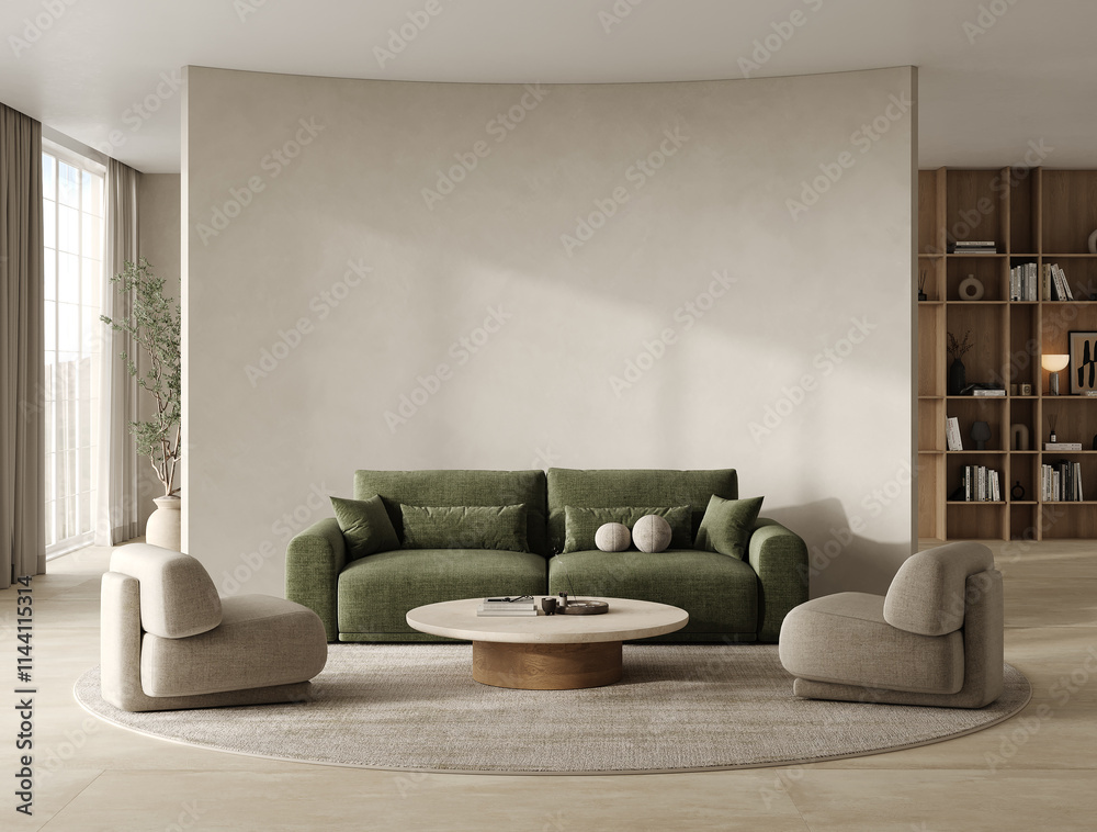 Ταπετσαρία Modern living room interior with lots of space, partition in the living room with green sofa, armchairs, coffee table with decor on a round carpet, and a shelf on the background