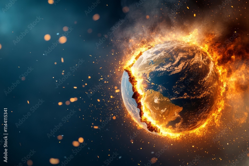 A globe cracking in half with fire and smoke erupting, symbolizing global crises and environmental conflict A globe cracking in half with fire and smoke erupting, symbolizing global crises and environmental conflict