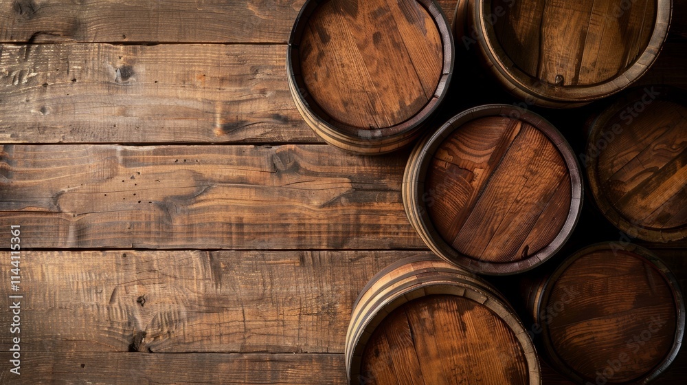 Rustic wooden barrels and planks arranged with soft light Rustic wooden barrels and planks arranged with soft light