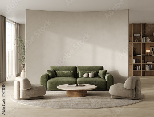 Modern living room interior with lots of space, partition in the living room with green sofa, armchairs, coffee table with decor on a round carpet, and a shelf on the background. 3d rendering. 