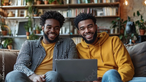 Freelancer discussing tax challenges with a peer while reviewing EITC online resources Stock Photo with side copy space