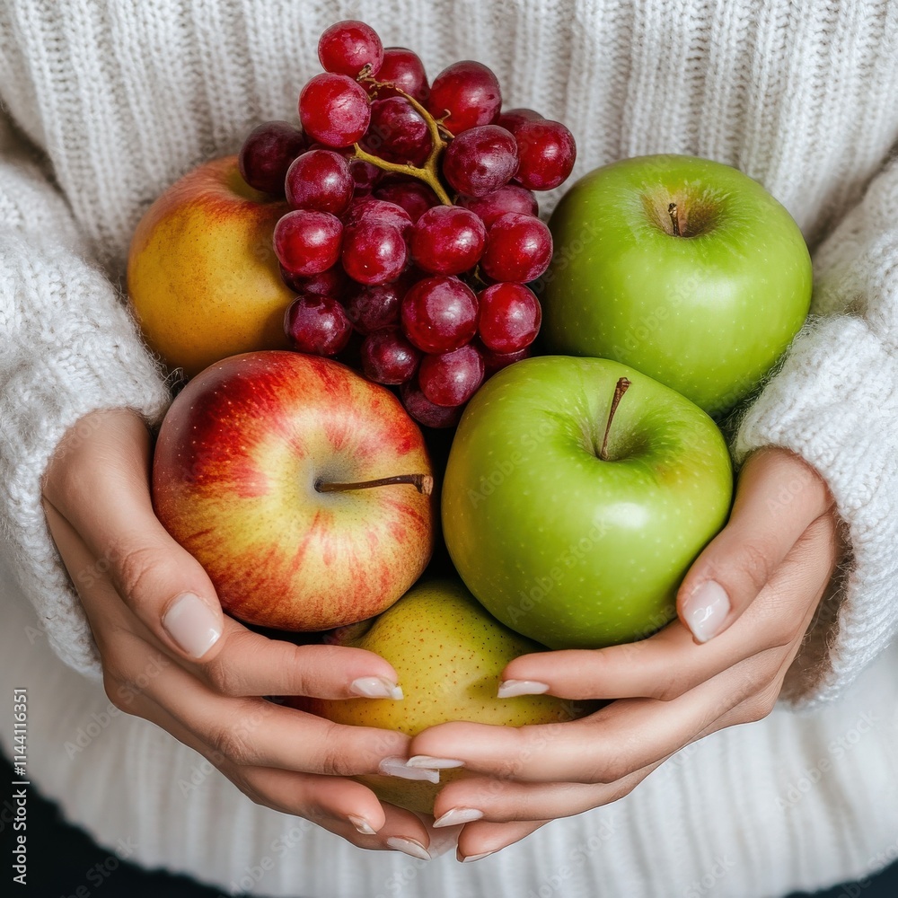 A person is holding a bunch of apples and grapes in their hands A person is holding a bunch of apples and grapes in their hands