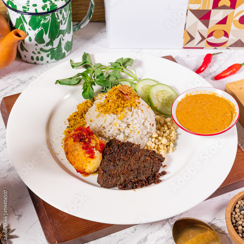 Rice with chilli egg, beef, beansprout, serundeng and vegetables photo