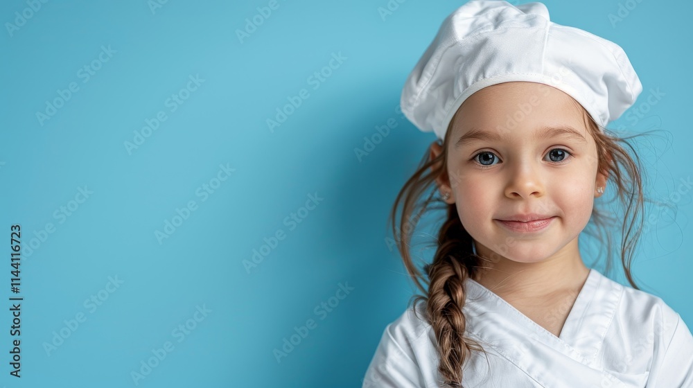 Young Child Wearing Chef Hat Smiling Against Blue Background Young Child Wearing Chef Hat Smiling Against Blue Background