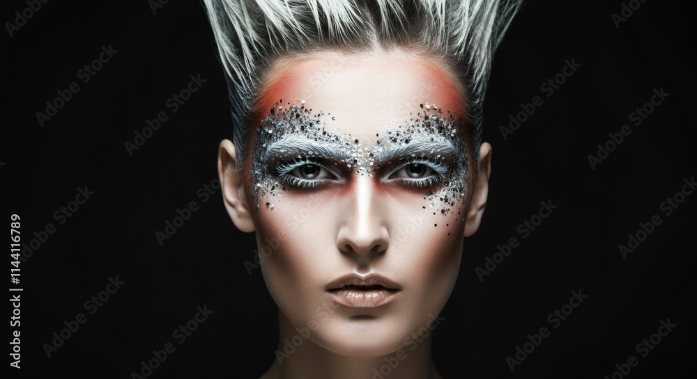 Striking futuristic makeup with bold glitter and metallic accents Striking futuristic makeup with bold glitter and metallic accents