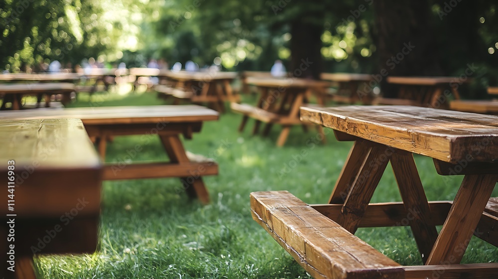 Wooden picnic tables closely arrayed outdoors in wide angle photo. AI Generated Wooden picnic tables closely arrayed outdoors in wide angle photo. AI Generated