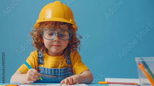 Creative Child Wearing Safety Helmet Engaged in Colorful Drawing Activity photo