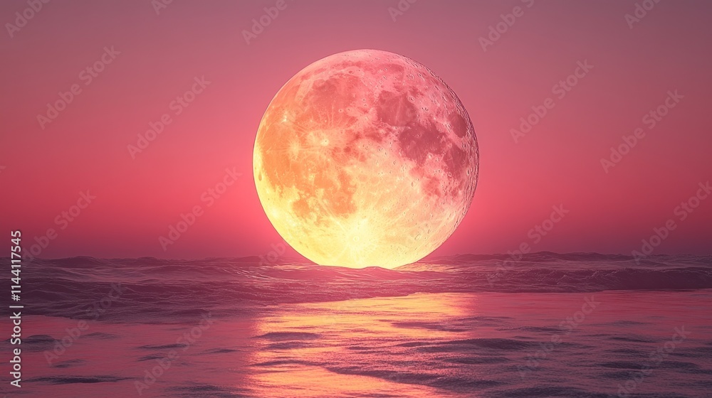 Pink moon over a tranquil ocean at sunset.  A large, vibrant pink moon rests on the surface of calm water, reflecting the colors of the setting sun.
