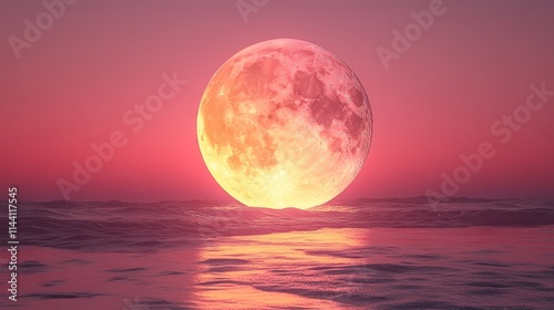 Wallpaper Mural Pink moon over a tranquil ocean at sunset.  A large, vibrant pink moon rests on the surface of calm water, reflecting the colors of the setting sun. Torontodigital.ca