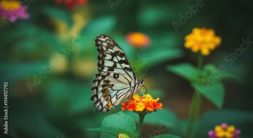 Elegant butterfly resting on vibrant flower amid lush greenery