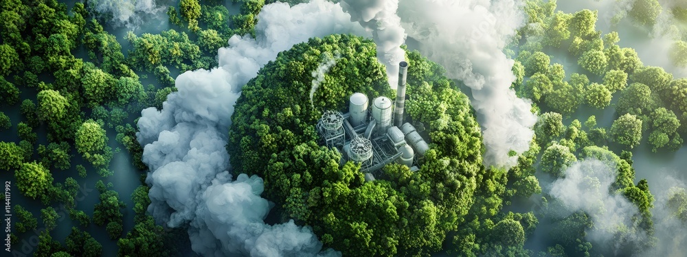 Green Forest Surrounded by Industrial Smoke and Pollution Green Forest Surrounded by Industrial Smoke and Pollution