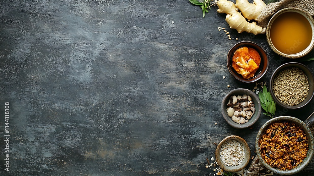 Vibrant Spices and Ingredients on Dark Background: A Culinary Still Life. AI Generated Vibrant Spices and Ingredients on Dark Background: A Culinary Still Life. AI Generated