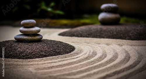 Serenity and balance in zen garden with stacked stones and raked sand patterns photo