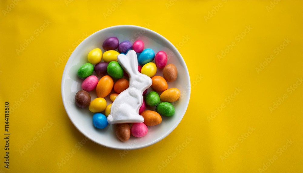 Obraz premium Plate with colorful candies on vibrant yellow background. Happy Easter. Festive dessert. Tasty treat