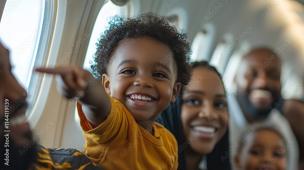 Delighted Child Gazing Out Airplane Window on Exciting Journey with Parents Filled with Wonder and Anticipation for the Adventure Ahead Delighted Child Gazing Out Airplane Window on Exciting Journey with Parents Filled with Wonder and Anticipation for the Adventure Ahead