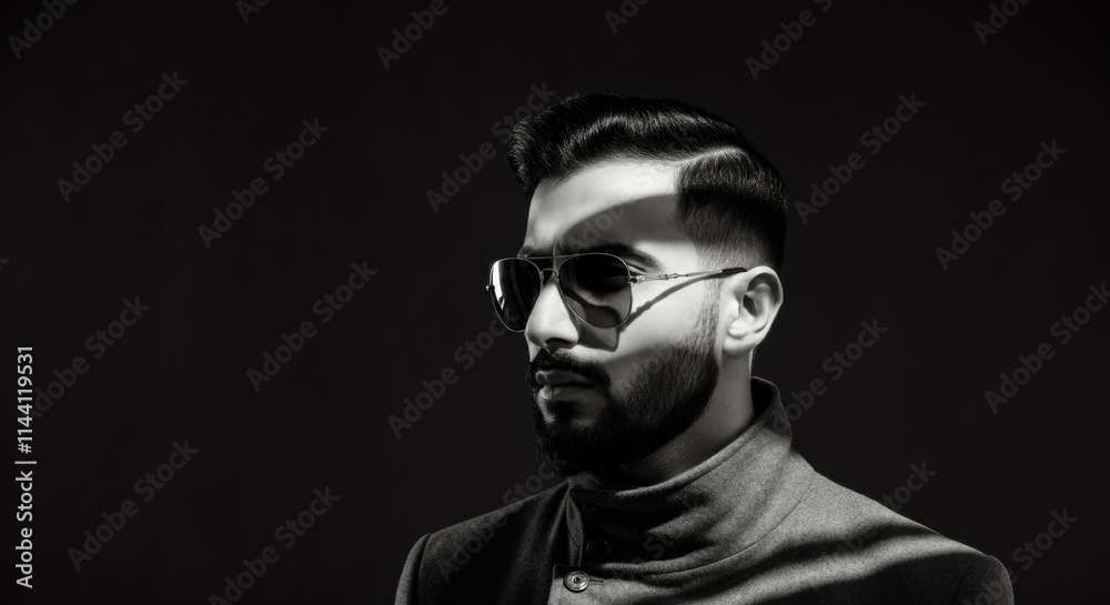 Stylish man with sunglasses and beard in dramatic lighting Stylish man with sunglasses and beard in dramatic lighting