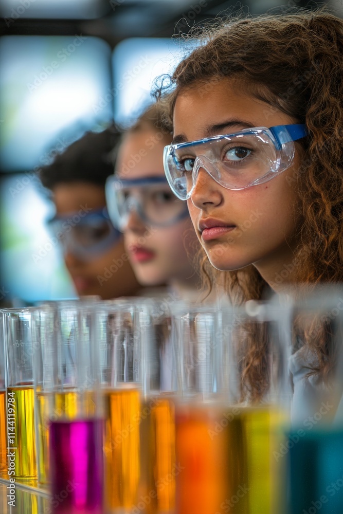Teenagers in a high school science lab conducting experiments, focused on their work Teenagers in a high school science lab conducting experiments, focused on their work