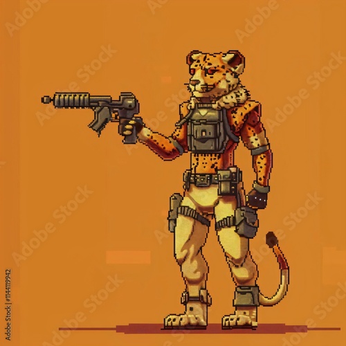 Pixelated lioness action figure stands confidently wearing bulletproof vest holding gun exuding fierce demeanor photo