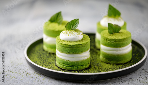 Tasty desserts with green matcha on plate. Delicious sweet food. Cooking and culinary concept. photo