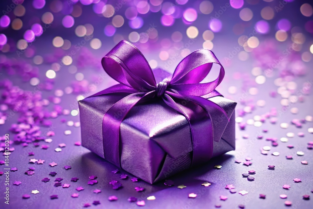 Elegant purple gift box, minimalist style. Confetti falls, a simple purple bow adorns. Elegant purple gift box, minimalist style. Confetti falls, a simple purple bow adorns.