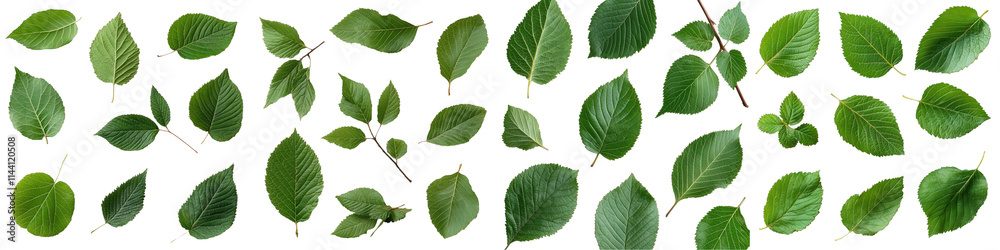Assorted Green Leaves Arranged on a White Background for Natural and Organic Design Projects Assorted Green Leaves Arranged on a White Background for Natural and Organic Design Projects