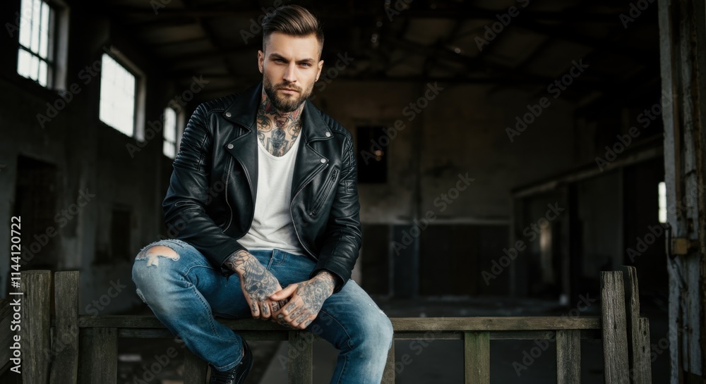 Tattooed man in leather jacket sits on fence in urban industrial setting Tattooed man in leather jacket sits on fence in urban industrial setting