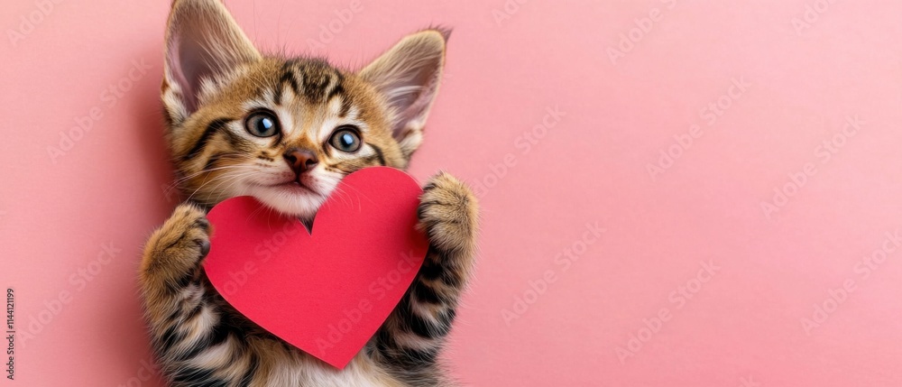 Fototapeta premium Adorable Kitten Holding Red Heart, Valentines Day Pet Photo