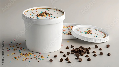 A white ice cream tub with colorful sprinkles on top, plus scattered sprinkles and chocolate chips. Ideal for product mockups.