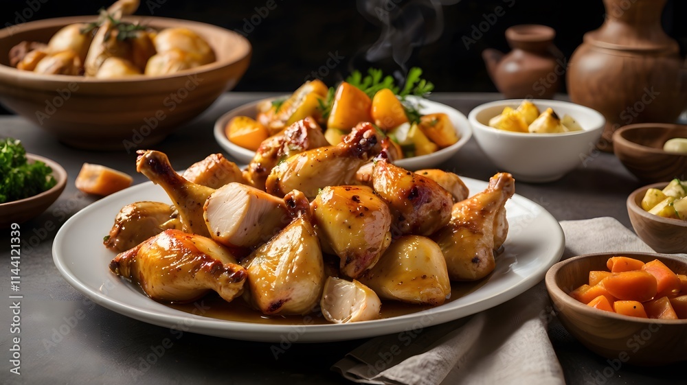 Savoury roasted grilled chicken cubes in plate, Fresh roast meat healthy meal food. Delicious cooked golden fried poultry dish Savoury roasted grilled chicken cubes in plate, Fresh roast meat healthy meal food. Delicious cooked golden fried poultry dish