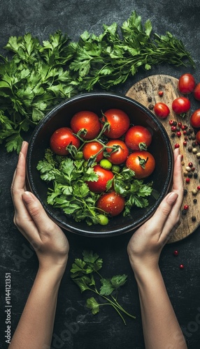 Woman s Hands Holding Bowl of Fresh Ripe Red Tomatoes with Green Parsley on Dark Background photo