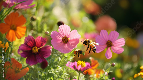Bees actively pollinating vibrant flowers in a sunny garden during the warm afternoon