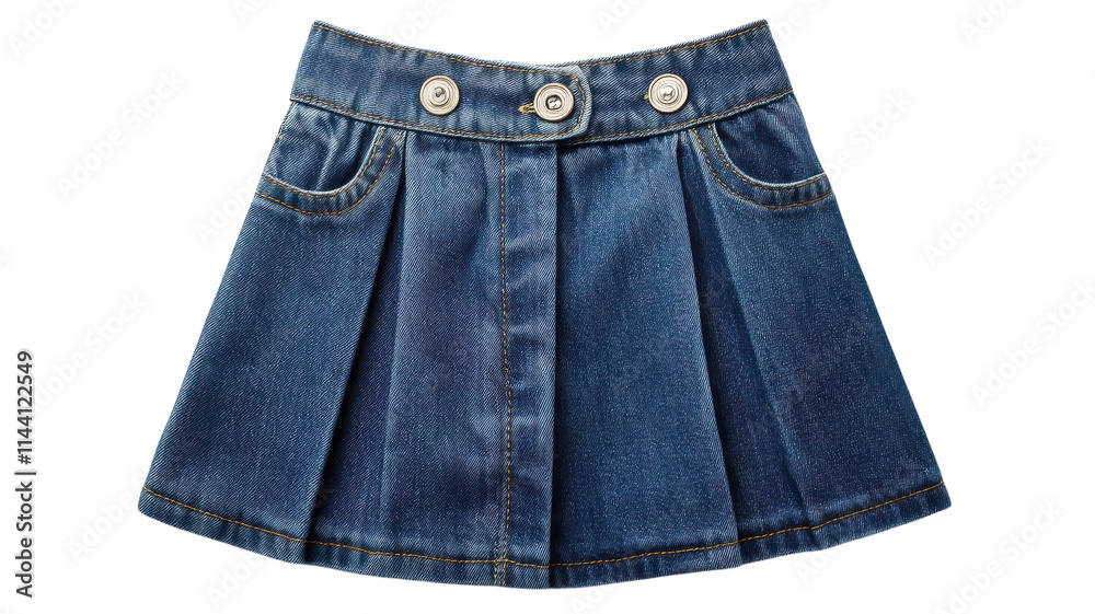 Stylish denim skirt with pleats and button details suitable for casual outings and summer events. Stylish denim skirt with pleats and button details suitable for casual outings and summer events.