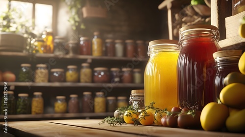 Preserving summer flavors: jars of homemade goodness in pantry photo