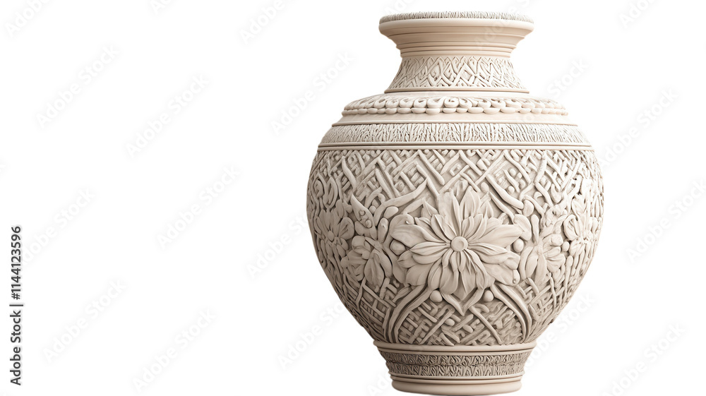 Intricate clay vase with floral patterns crafted using traditional techniques, showcasing artistry and craftsmanship in detailed design. Intricate clay vase with floral patterns crafted using traditional techniques, showcasing artistry and craftsmanship in detailed design.